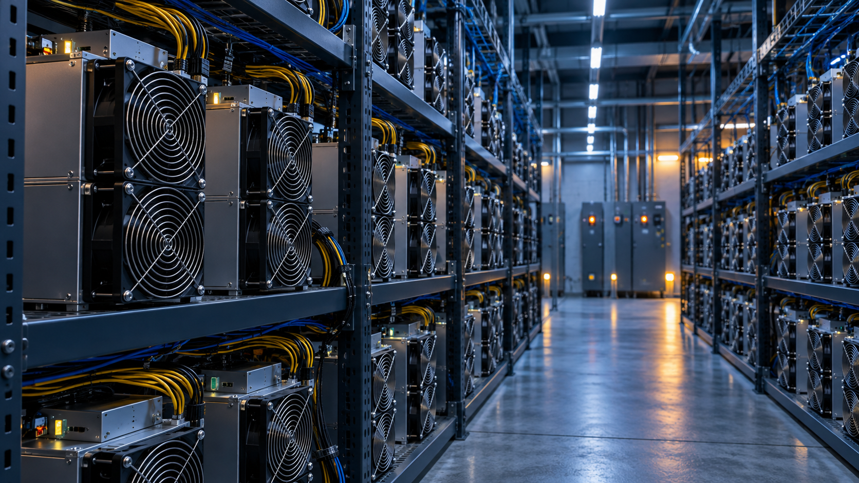 Immagine illustrativa di macchine ASIC in una struttura di mining Bitcoin